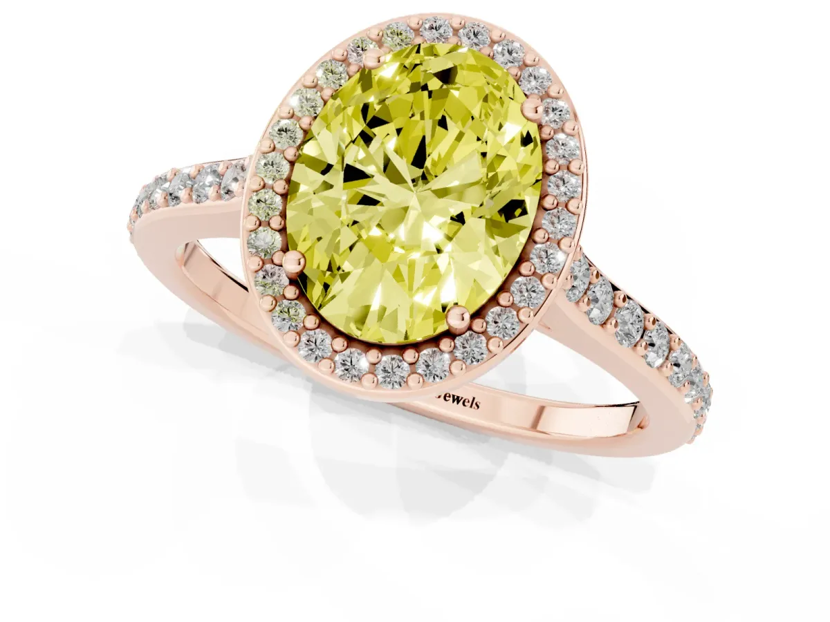 Fancy Yellow Oval Cut Diamond Halo Engagement Ring with Round Pavé Shoulders and Prong Setting Rose gold
