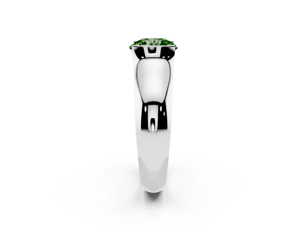 Fancy Green Round Cut Solitaire Bezel Set Diamond Ring with Wide Band Silver