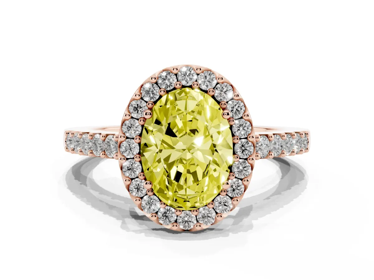 Fancy Yellow Oval Cut Halo Diamond Pavé Solitaire Ring Rose gold