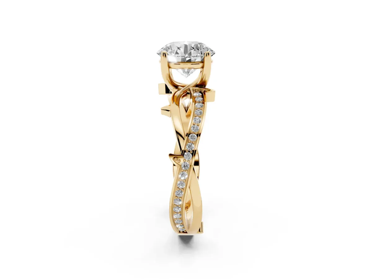 Round Cut Solitaire Twist Band with Pavé Accents and Four-Prong Setting Yellow gold