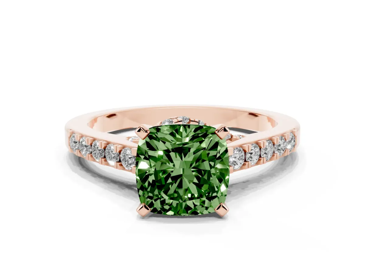 Fancy Green Cushion Cut Diamond Solitaire Ring with Crossover Gallery and Round Pavé Band Rose gold