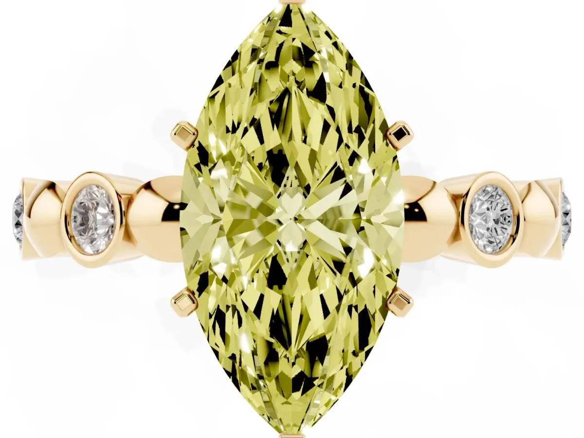 Fancy Yellow Marquise Cut Solitaire Bezel-Set Diamond Ring with Beaded Band and Four-Prong Setting Yellow gold