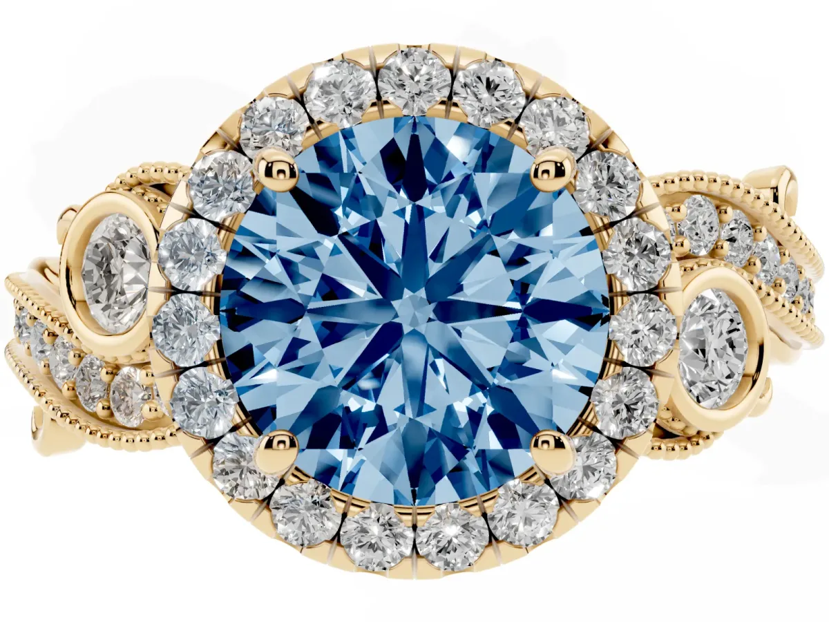 Fancy Blue Round Cut Halo Diamond Ring with Milgrain and Bezel Accents on a Split Shank Band Yellow gold