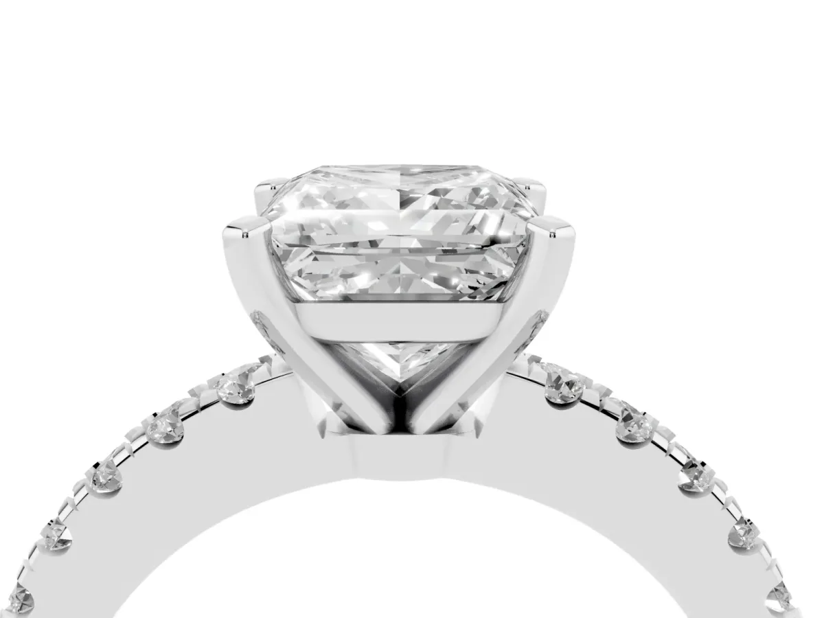 Princess Cut Solitaire Diamond with Pavé Band and Four-Prong Setting Silver