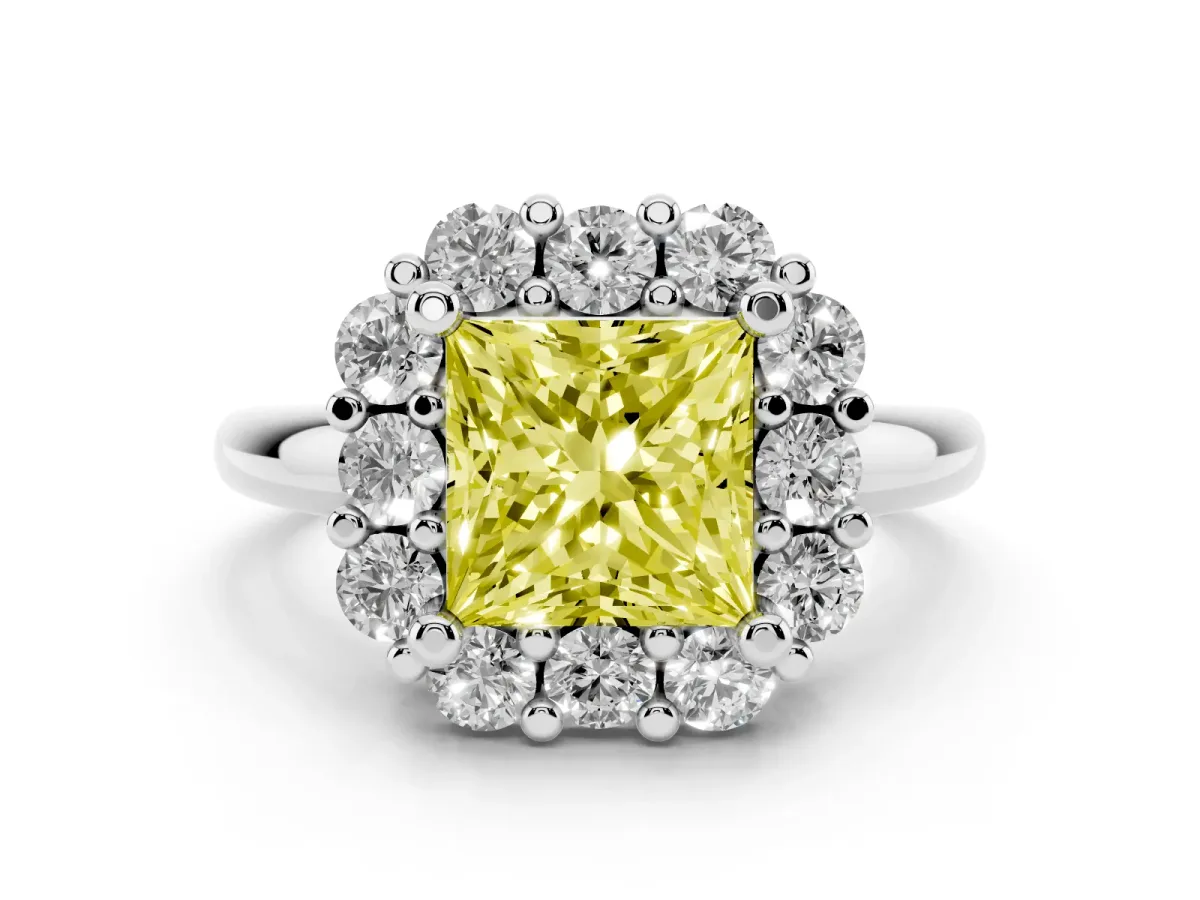 Fancy Yellow Princess Cut Halo Cluster Diamond Engagement Ring with Prong Setting and Polished Band Platinum