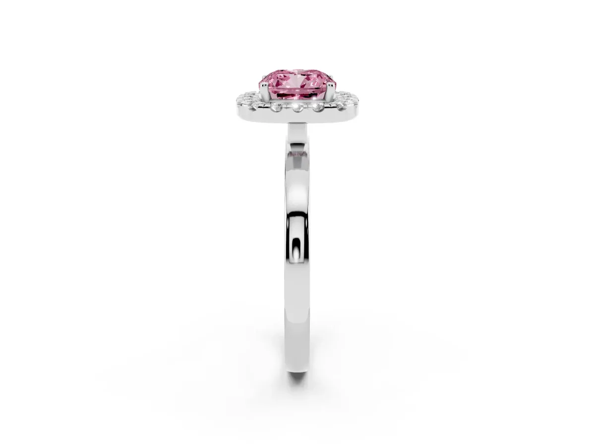 Fancy Pink Cushion Cut Halo Diamond Solitaire with Pavé Band and Four-Prong Setting White gold