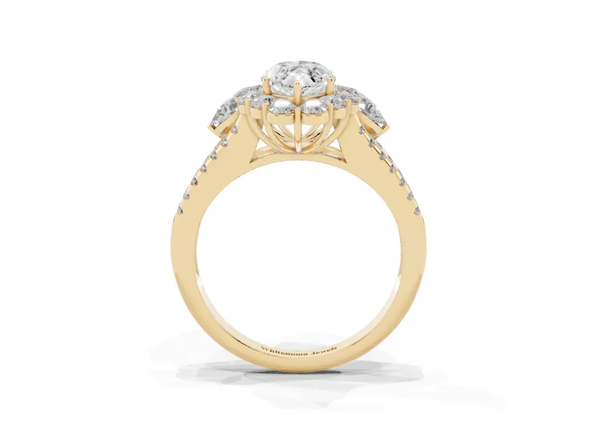 Marquise Cut Halo Split Shank Diamond Engagement Ring with Prong Setting Yellow gold