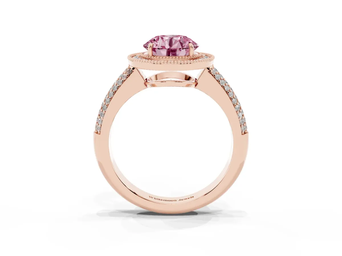 Fancy Pink Round Cut Cut Halo Diamond Pave Band with Four-Prong Setting Rose gold