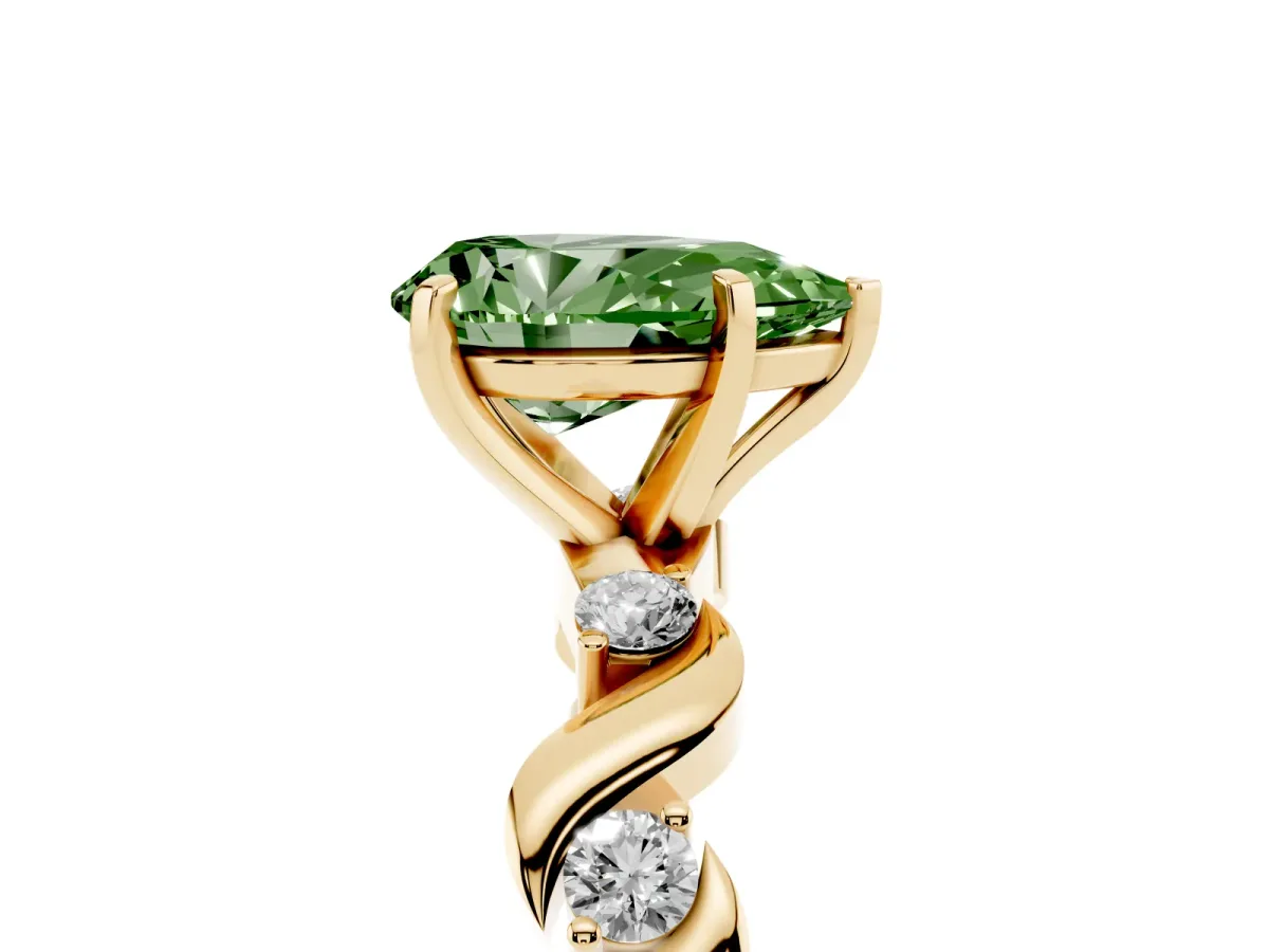 Fancy Green Pear Cut Diamond Solitaire Twisted Band with Round Accents and Prong Setting Yellow gold