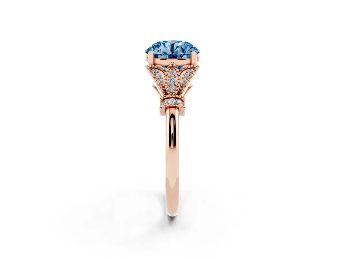 Fancy Blue Round Cut Diamond Solitaire Ring with Floral Filigree and Pave Accents Rose gold