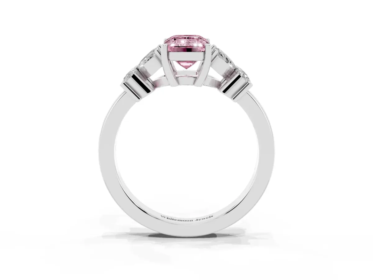 Fancy Pink Emerald Cut Diamond Floral Cluster Ring with Solitaire Band and Prong Setting Silver
