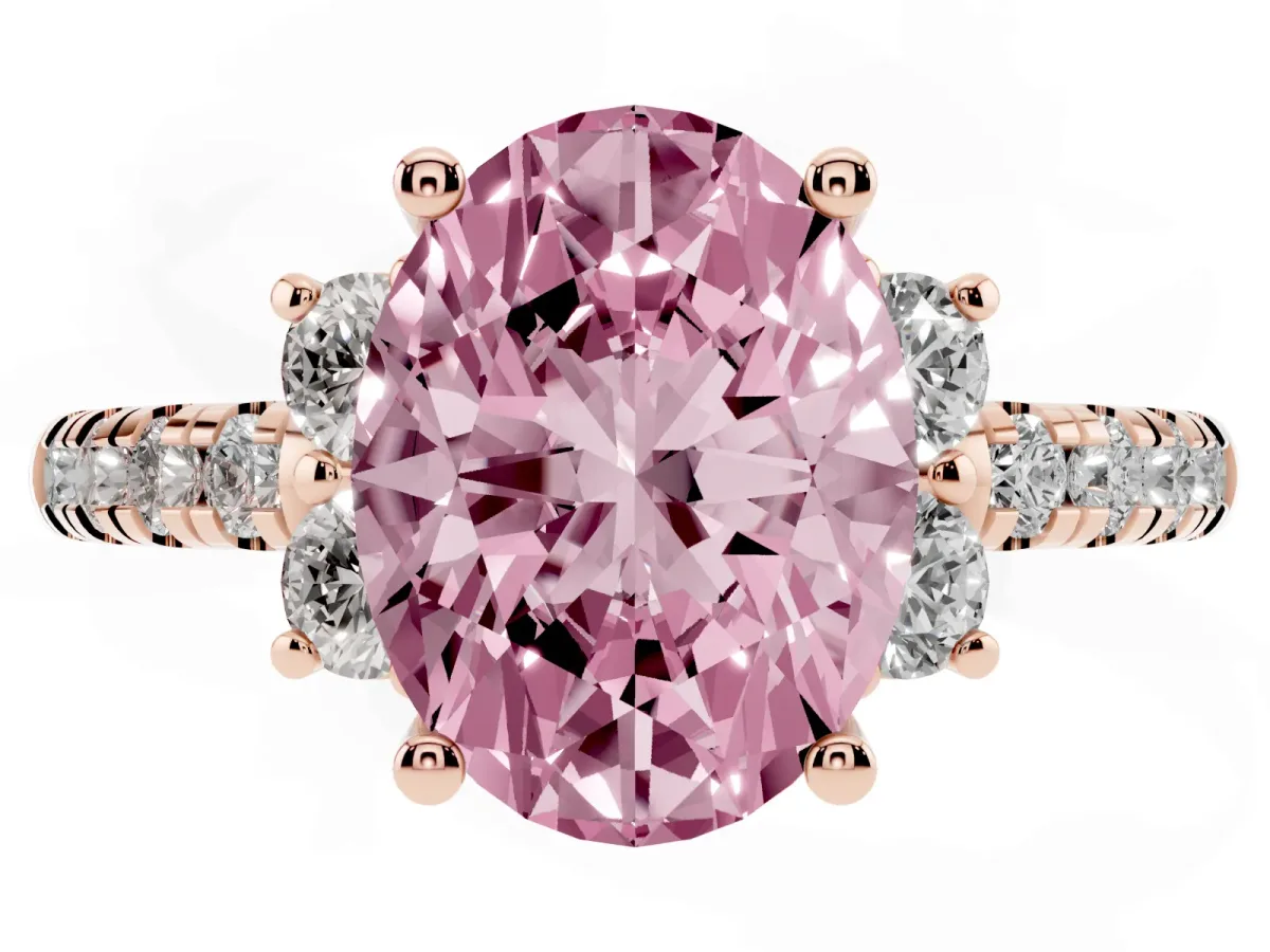 Fancy Pink Oval Cut Diamond Three-Stone Pave Band with Four-Prong Setting Rose gold