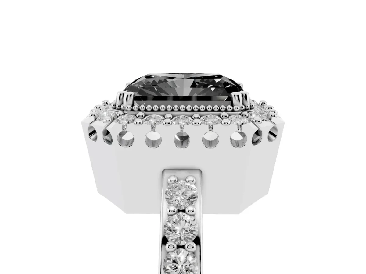 Fancy Black Radiant Cut Diamond Halo Ring with Pavé Band and Prong Setting Platinum