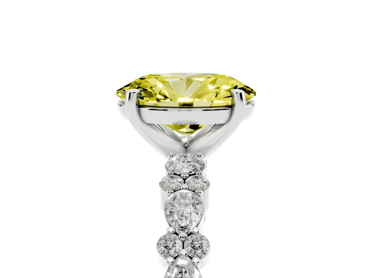 Fancy Yellow Oval Cut Diamond Side Stone Solitaire Ring with Round and Four-Prong Setting Platinum