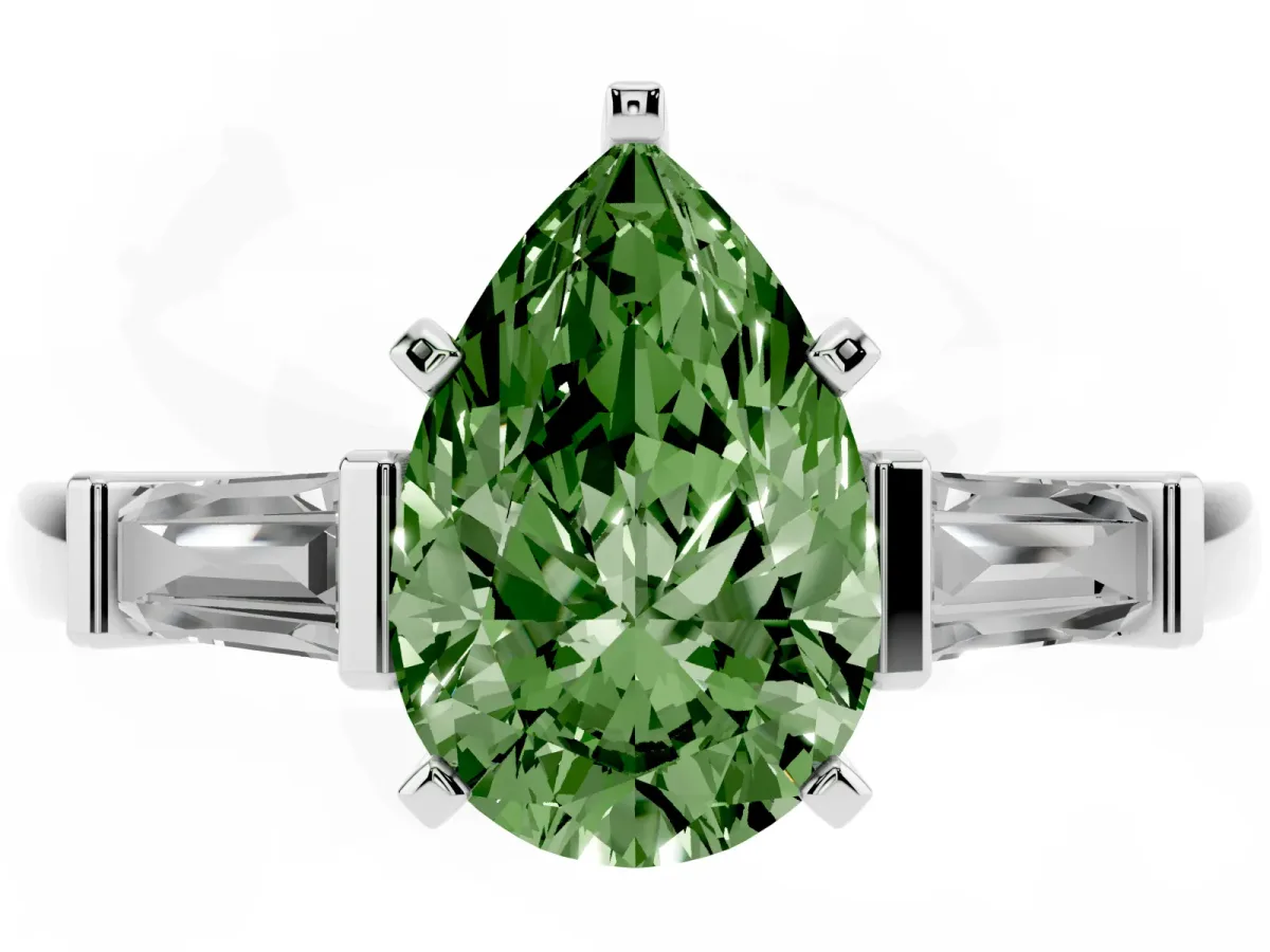 Fancy Green Pear Cut Cut Diamond Solitaire Ring with Tapered Baguette Accents and Four-Prong Setting Silver