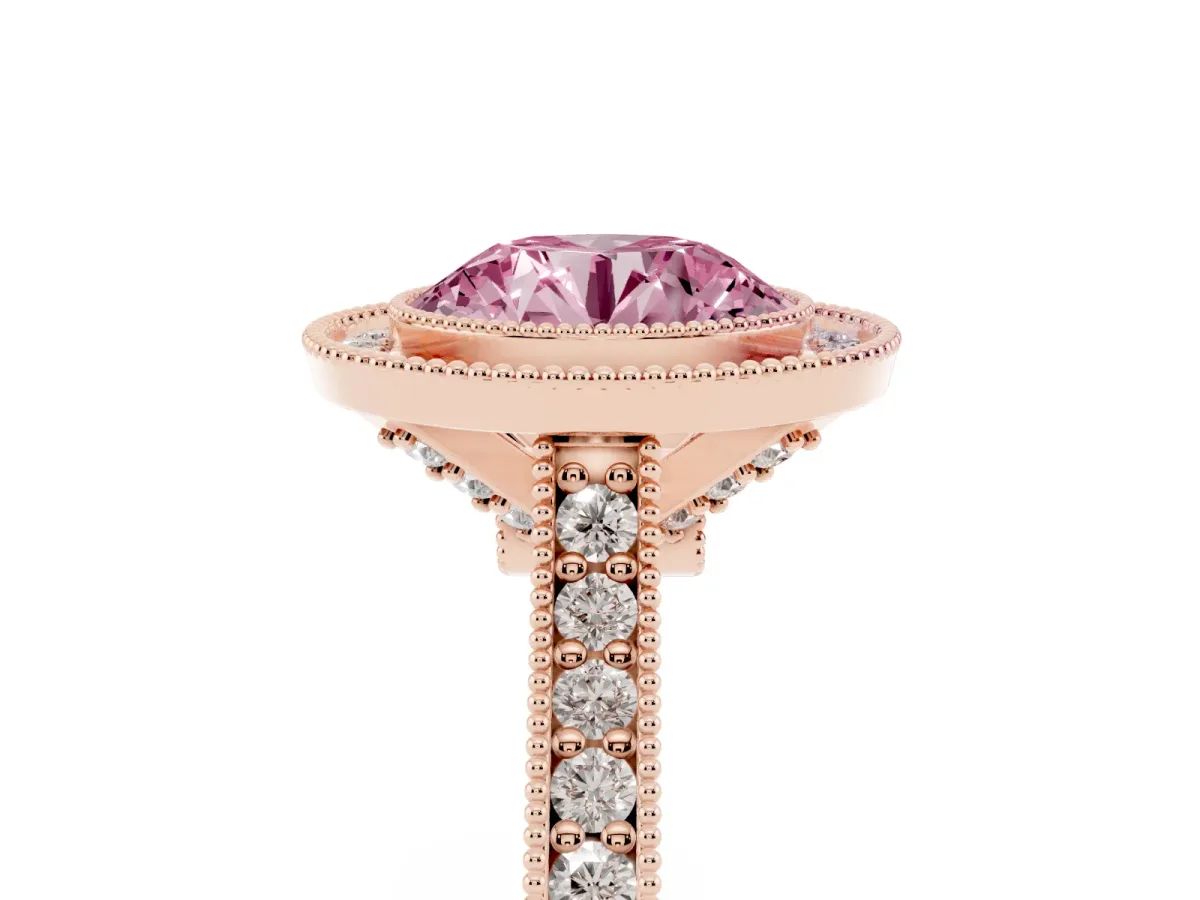 Fancy Pink Halo Round Cut-Cut Diamond Pave Band Milgrain Prong Setting Ring Rose gold