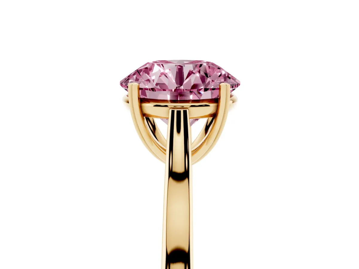 Fancy Pink Round Cut Solitaire Heart Prong Engagement Ring with Tapered Band Yellow gold