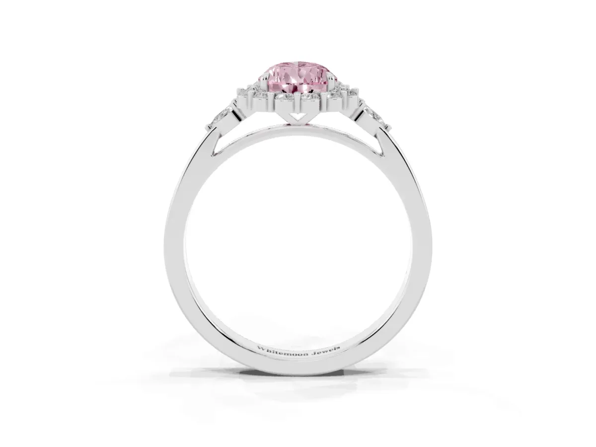 Fancy Pink Pear Cut Diamond Halo Ring with Pear Side Stones and Prong Setting Silver