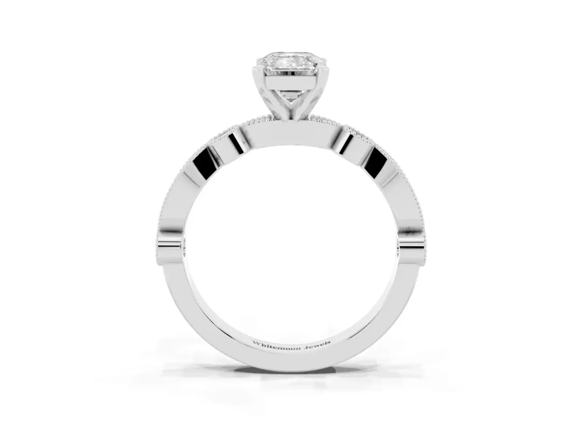Emerald Cut Milgrain Bezel Diamond Engagement Ring with Solitaire Prong Setting Silver