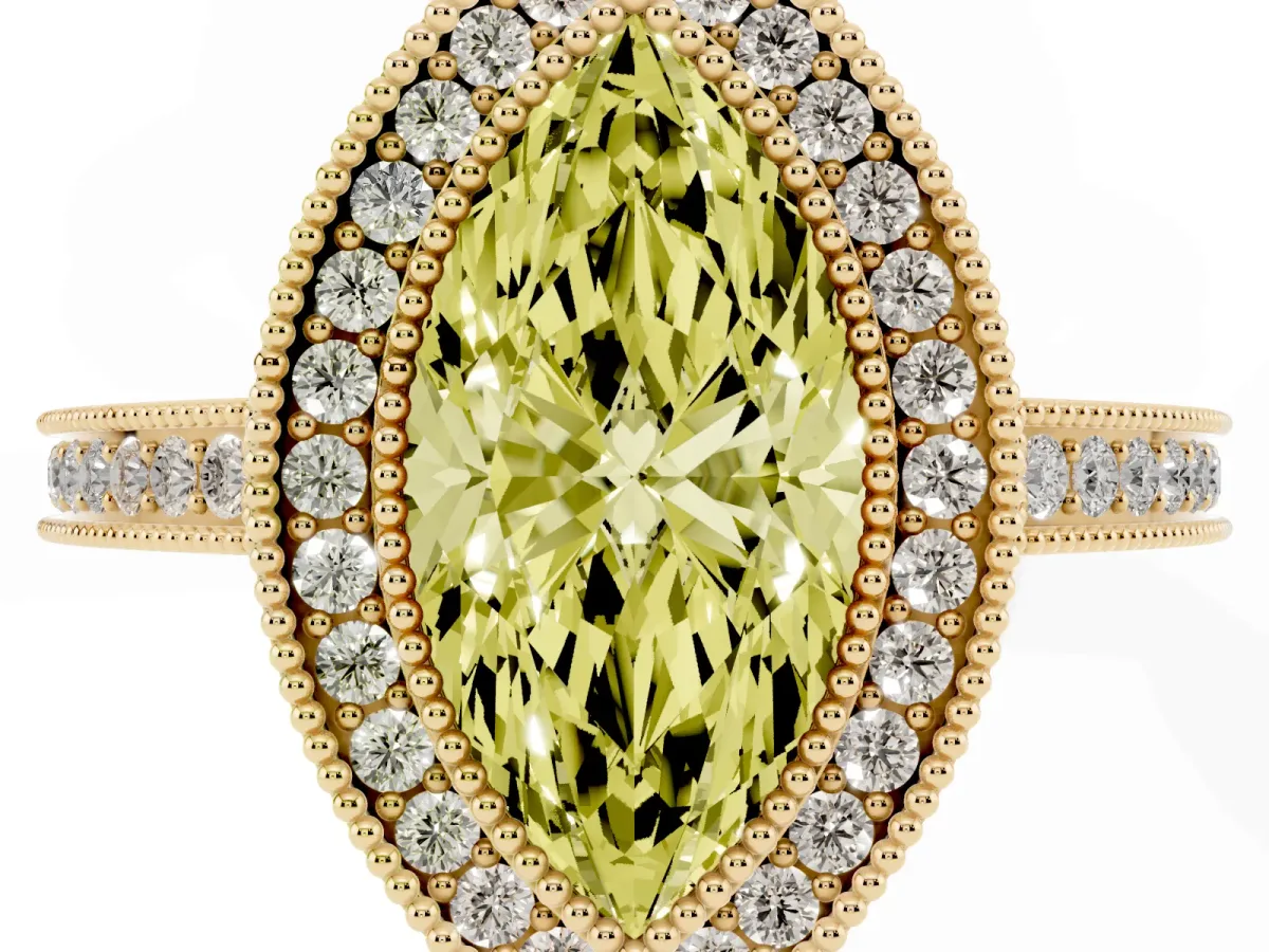 Fancy Yellow Marquise Cut Cut Halo Diamond Ring with Pavé Band and Milgrain Prong Setting Yellow gold