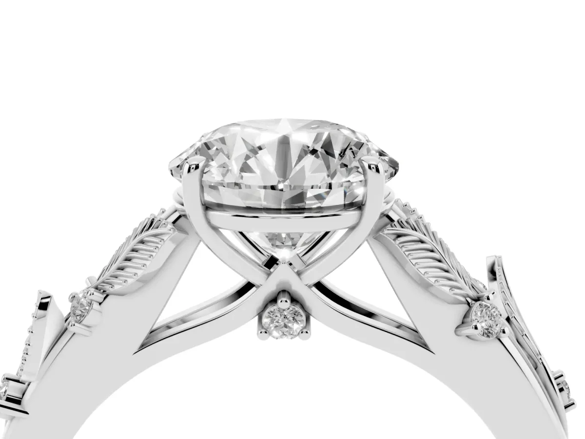 Round Cut Diamond Solitaire Ring with Leaf Motif Band and Four-Prong Setting Silver