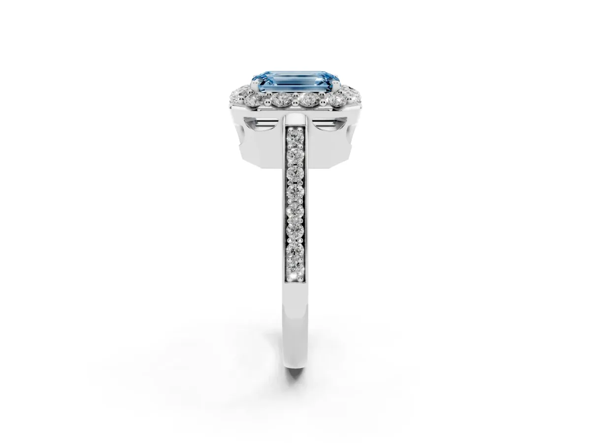 Fancy Blue Emerald Cut Diamond Floral Halo Ring with Pavé Band and Prong Setting White gold