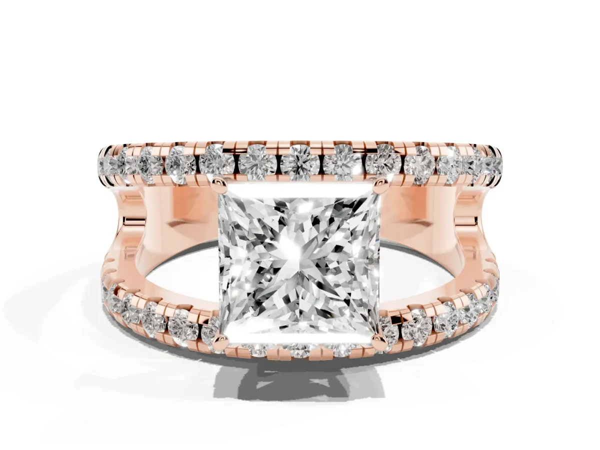 Princess Cut Solitaire Split Shank Pave Diamond Ring Rose gold