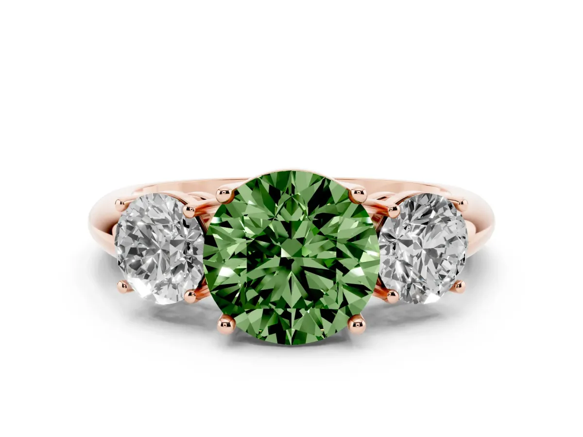 Fancy Green Three-Stone Round Cut Cut Diamond Engagement Ring with Prong Setting on a White Gold Band Rose gold