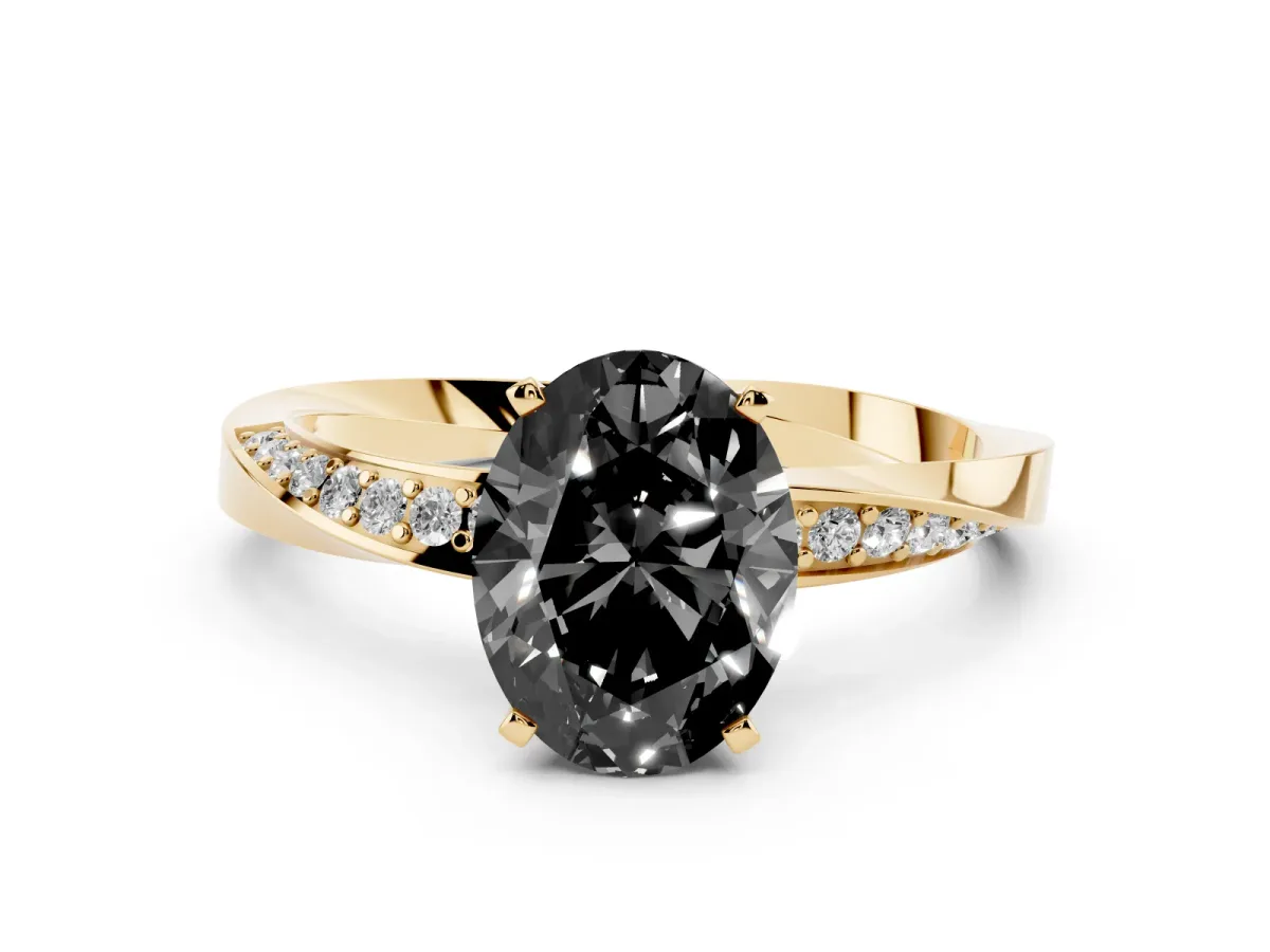 Fancy Black Oval Cut Diamond Engagement Ring with Side Stone Accents and Four-Prong Setting Yellow gold
