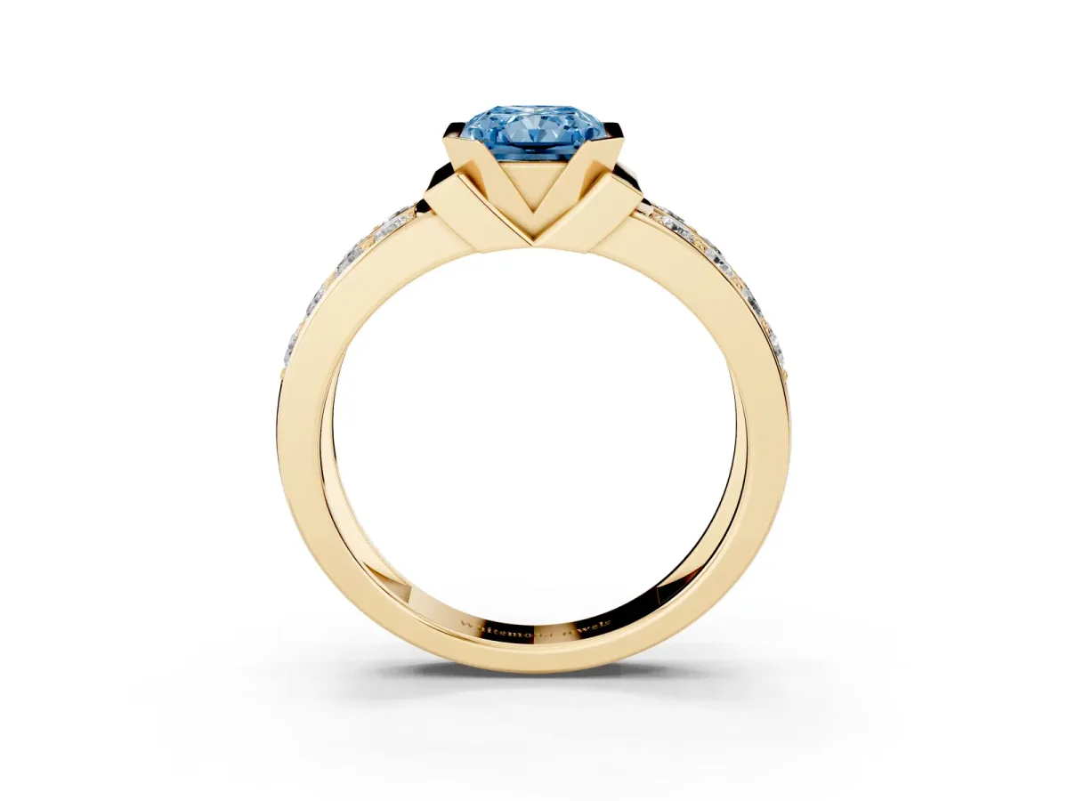 Fancy Blue Radiant Cut Brilliant Diamond Channel Set Wide Band Ring with Bezel Setting Yellow gold