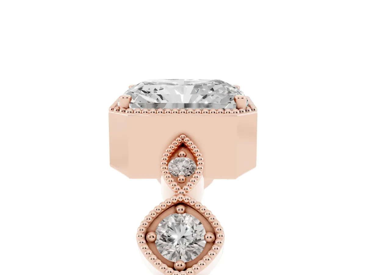 Radiant Cut Diamond Vintage Milgrain Ring with Round Stations Rose gold