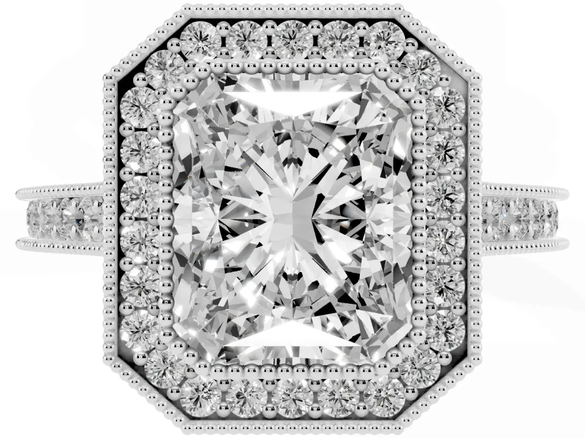 Halo Radiant Cut-Cut Diamond Pave Band Milgrain Prong Setting Ring Silver