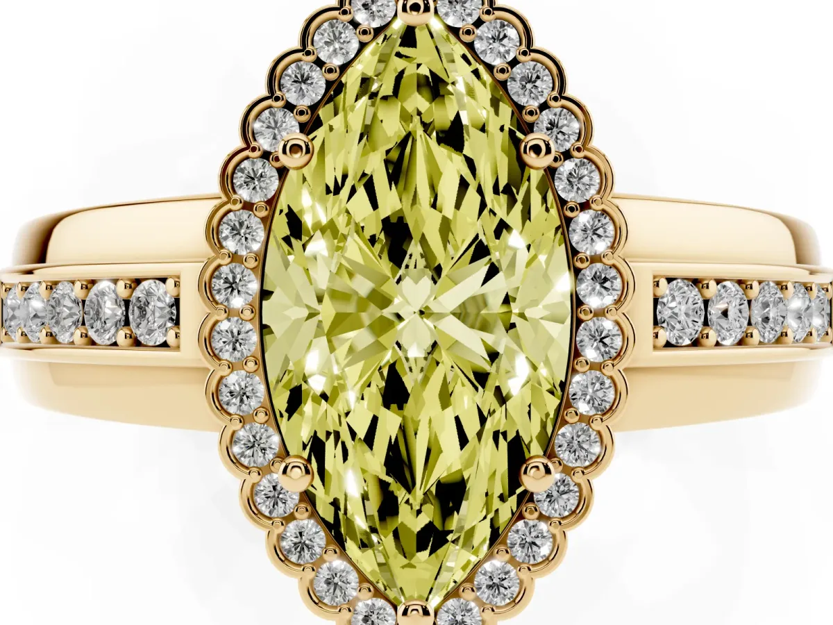 Fancy Yellow Marquise Cut Cut Halo Pave Band Four-Prong Ring Yellow gold