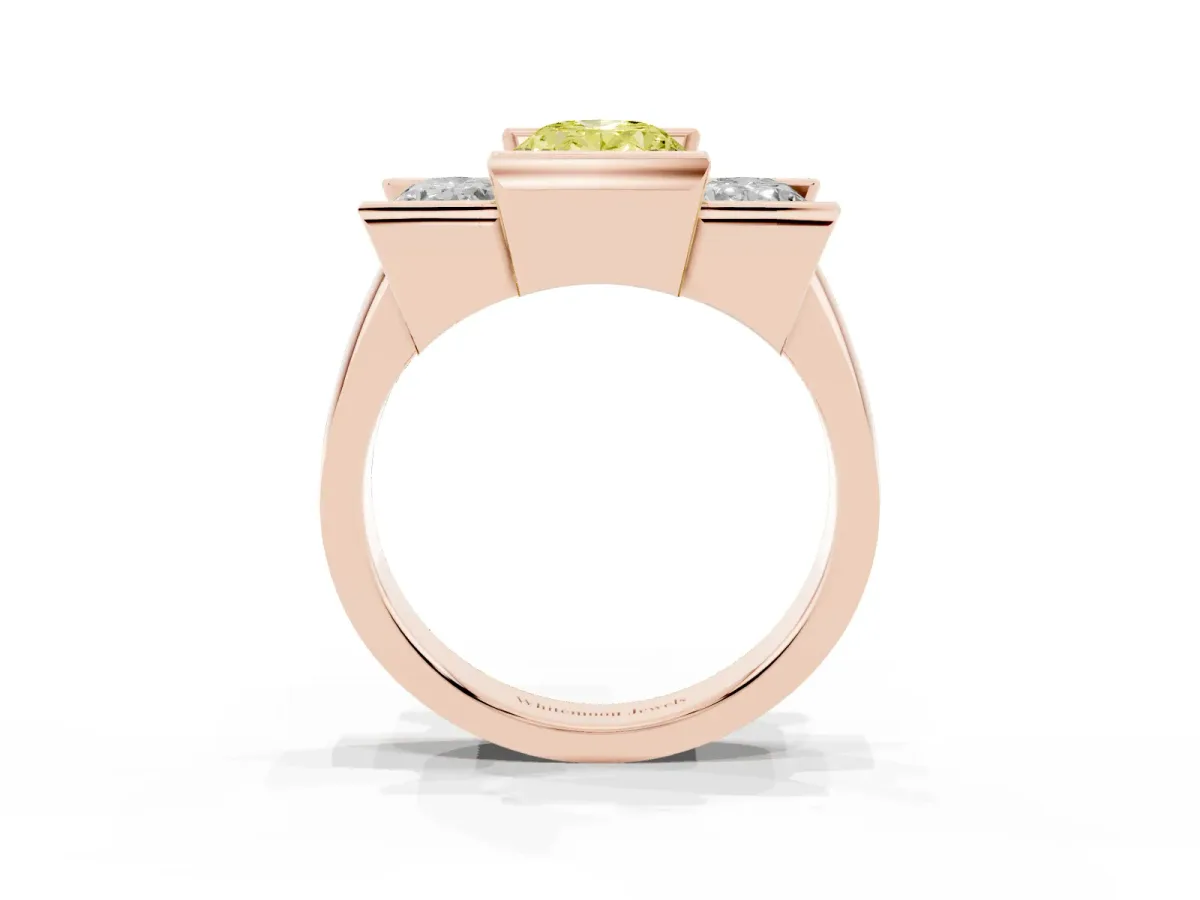 Fancy Yellow Three Stone Oval Cut Cut Channel Set Diamond Ring Rose gold
