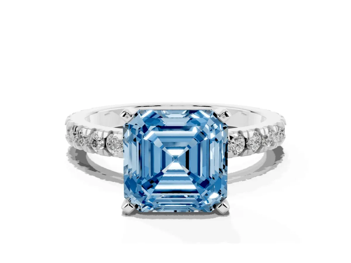 Fancy Blue Asscher Cut Diamond Pavé Band Solitaire with Four-Prong Setting Silver