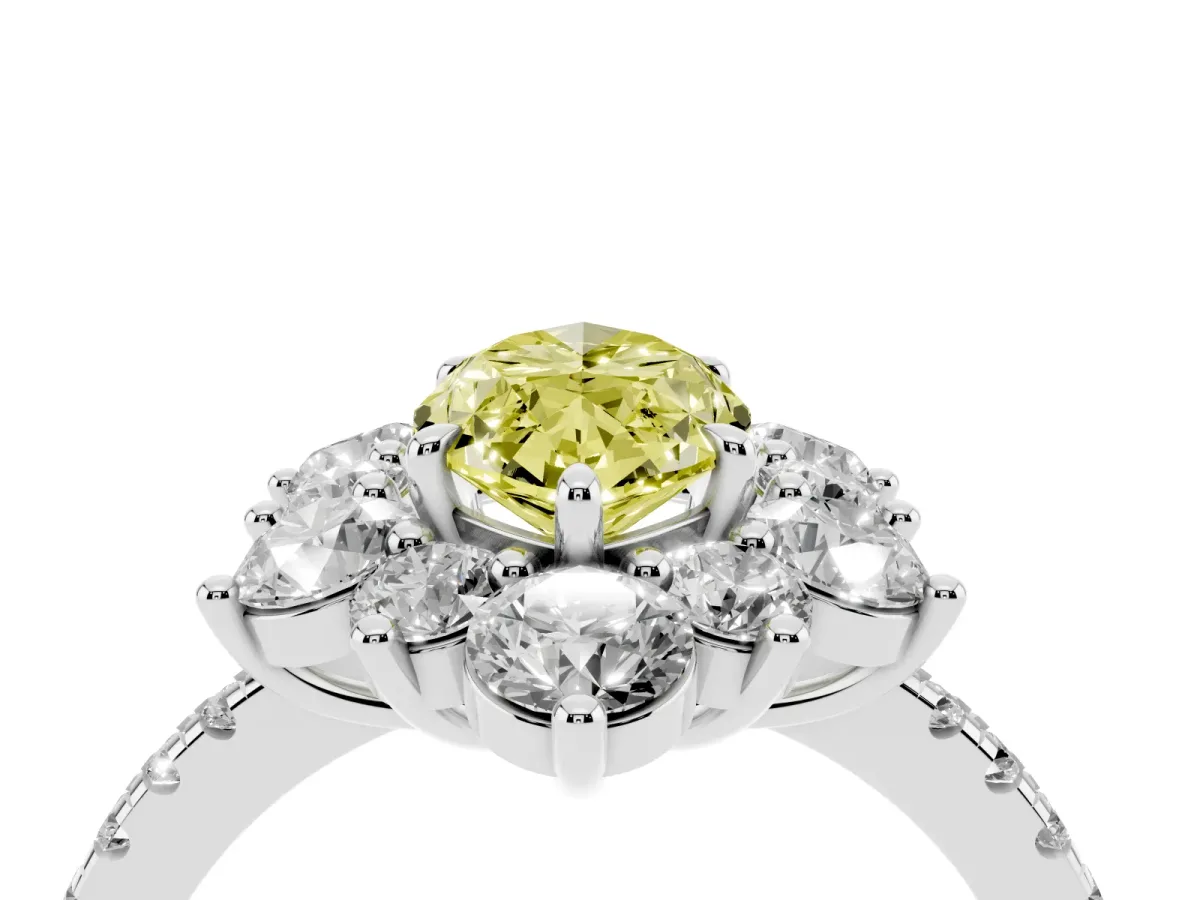 Fancy Yellow Marquise Cut Diamond Floral Halo Ring with Round Pavé Band and Prong Setting Silver