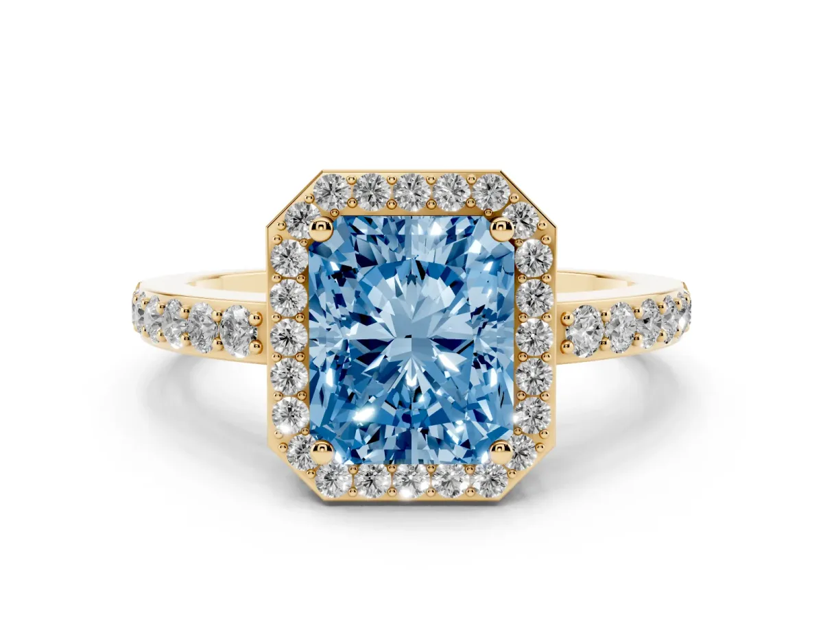 Fancy Blue Radiant Cut Halo Diamond Pavé Band Ring with Prong Setting Yellow gold