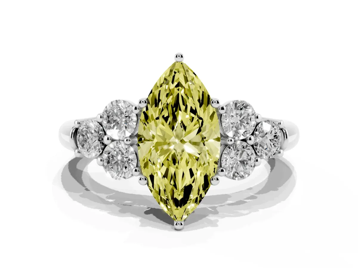 Fancy Yellow Marquise Cut Cut Diamond Cluster Ring with Round Accent Stones and Prong Setting on a Classic Band Silver