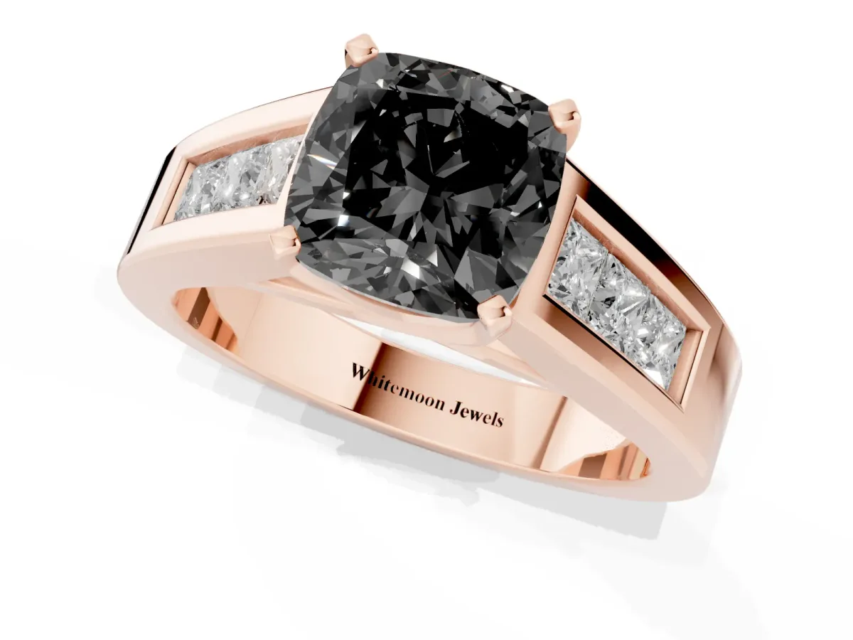 Fancy Black Cushion Cut Cut Channel Set Solitaire Ring with Four-Prong Setting Rose gold