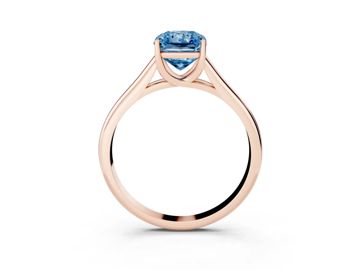 Fancy Blue Radiant Cut Solitaire Engagement Ring with Tapered Band and Four-Prong Setting Rose gold