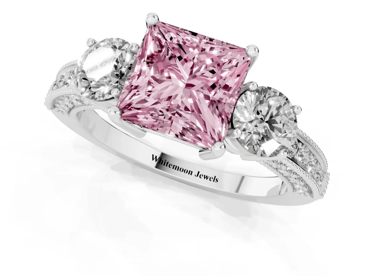Fancy Pink Princess Cut Three-Stone Diamond Ring with Pavé Band and Four-Prong Setting Silver