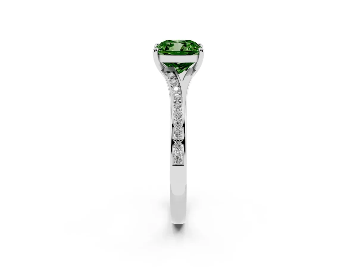 Fancy Green Cushion Cut Diamond Solitaire Ring with Pavé Band and Prong Setting Silver