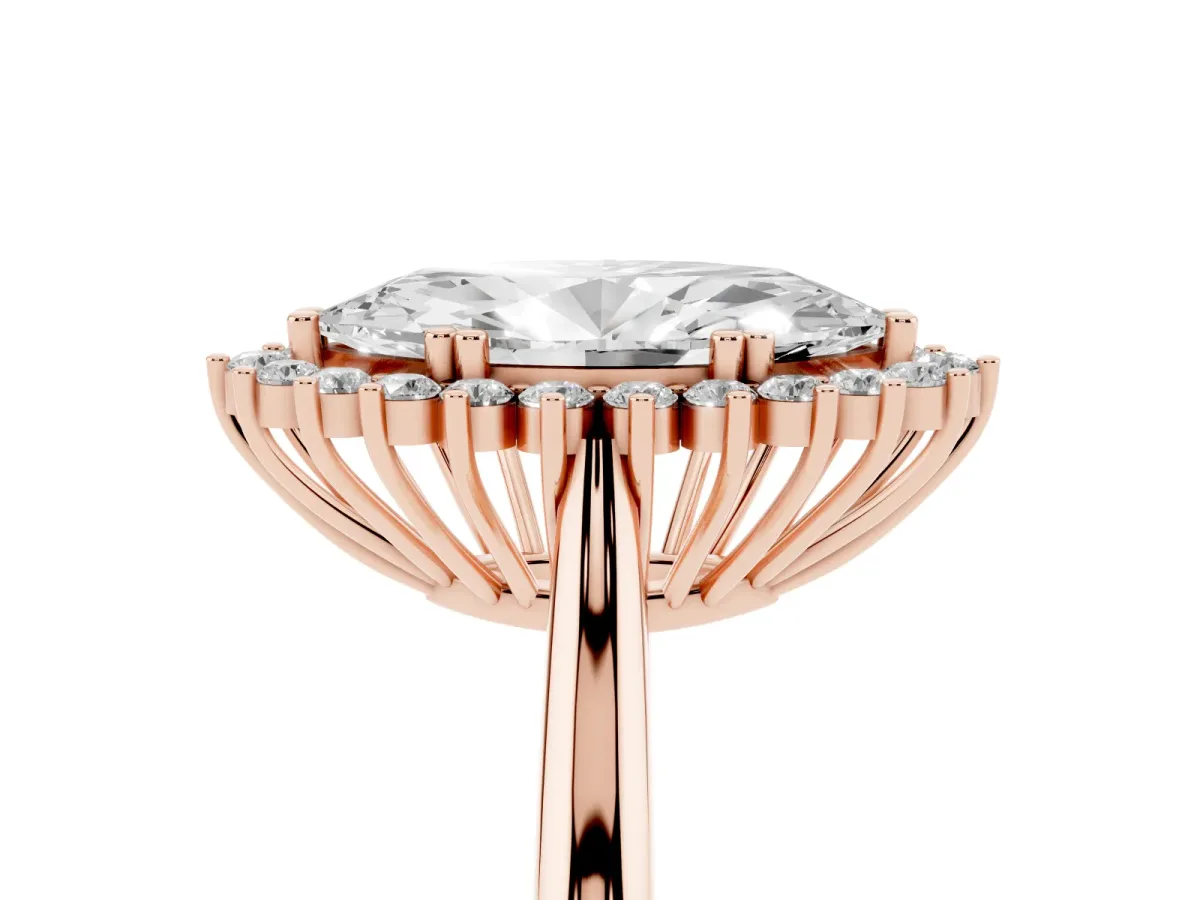 Marquise Cut Cut Diamond Halo Ring with Solitaire Band and Prong Setting Rose gold