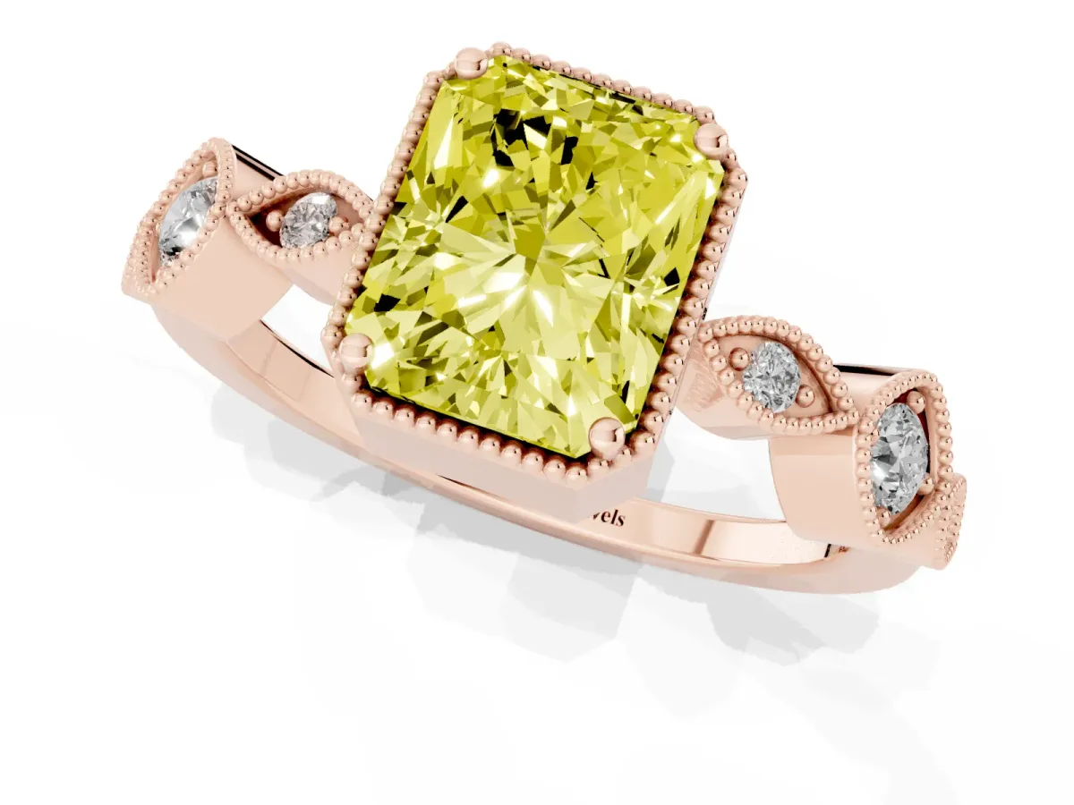 Fancy Yellow Radiant Cut Diamond Vintage Milgrain Ring with Round Stations Rose gold