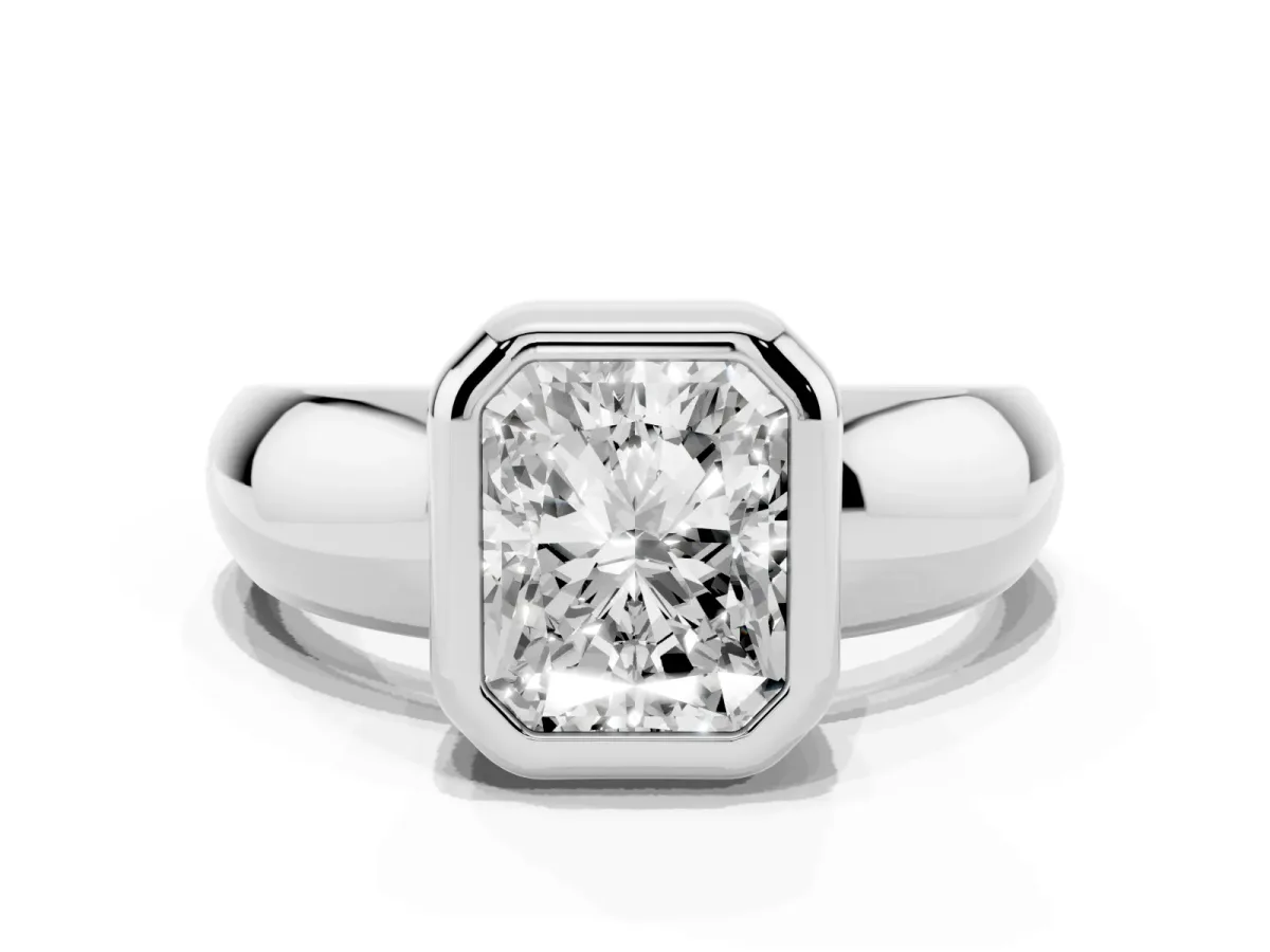 Bezel Set Radiant Cut Solitaire Ring with Wide Band Platinum
