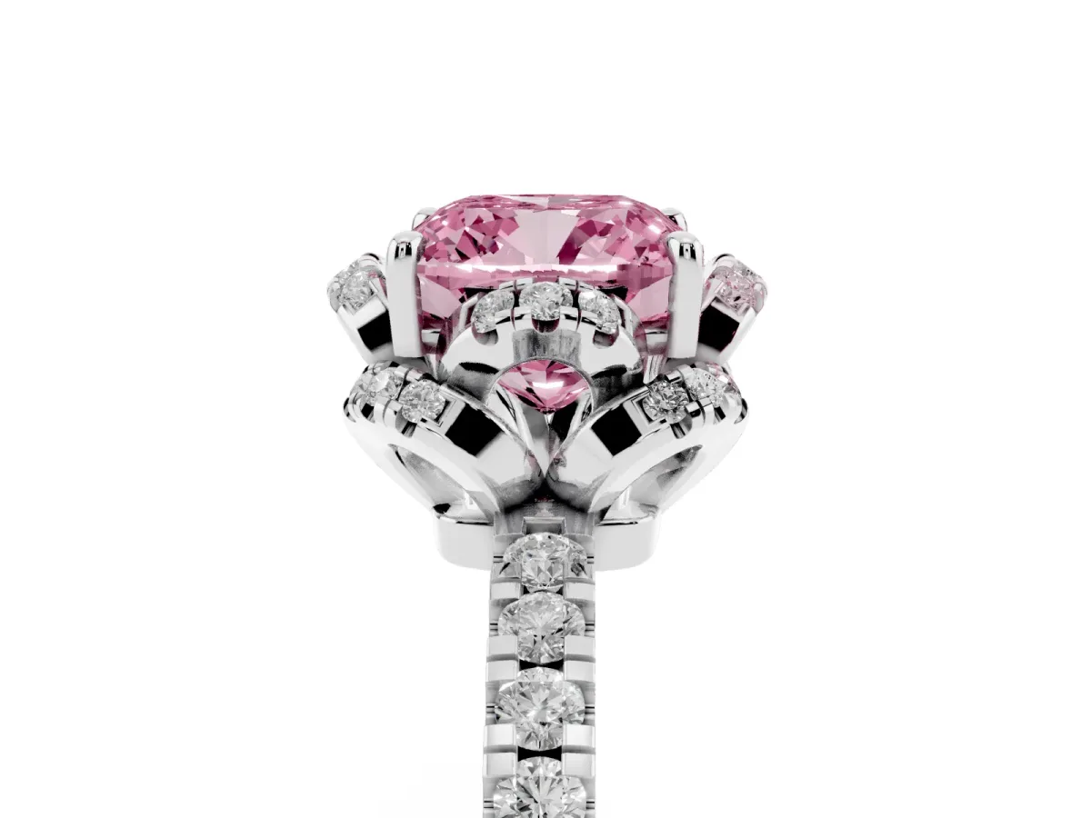 Fancy Pink Cushion Cut Halo Diamond Pave Band Ring with Four-Prong Setting Silver