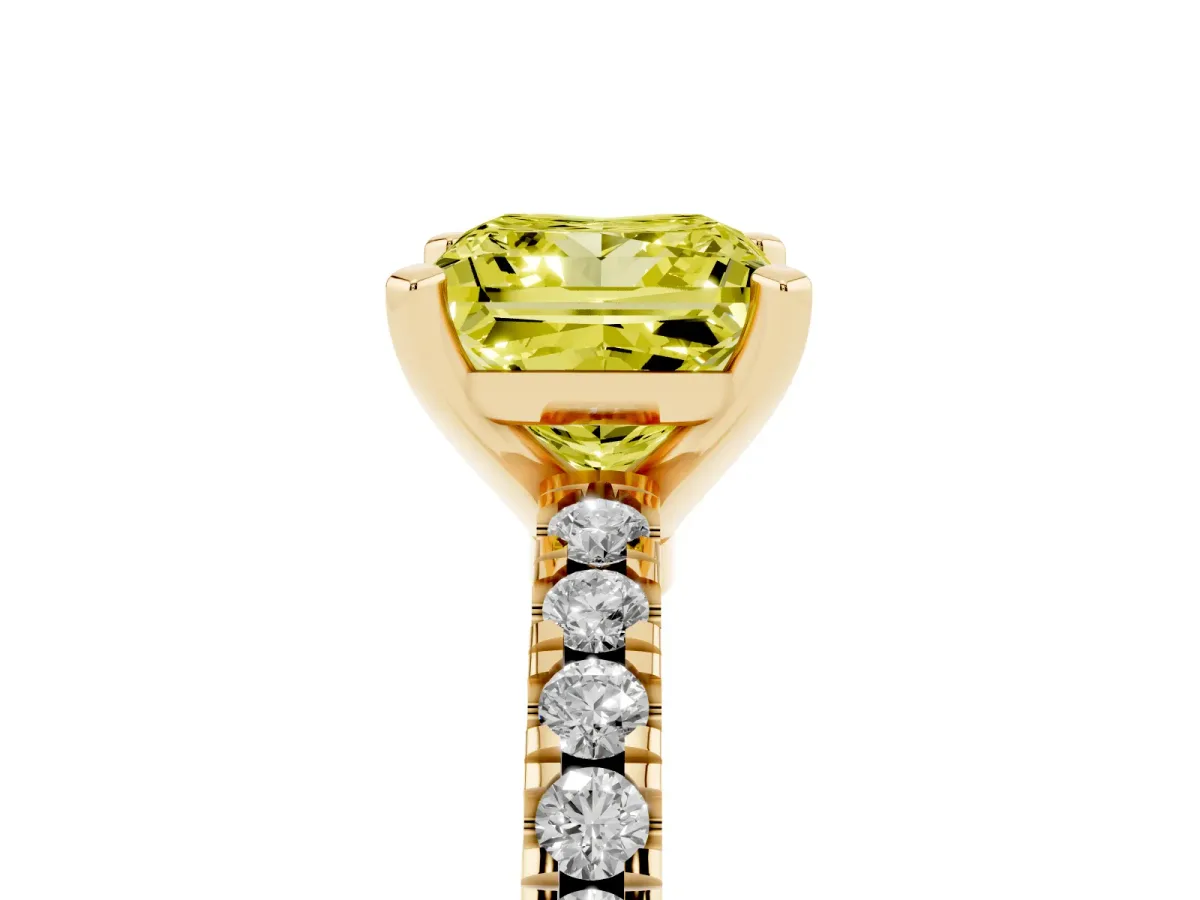 Fancy Yellow Princess Cut Solitaire Diamond with Pavé Band and Four-Prong Setting Yellow gold