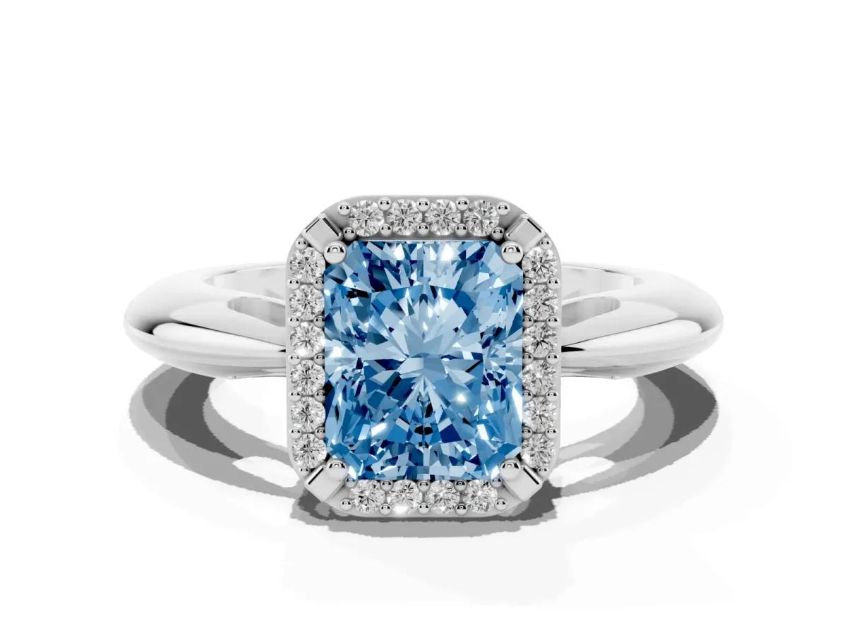 Fancy Blue Radiant Cut Cut Diamond Halo Engagement Ring with Split Shank and Four-Prong Setting Silver