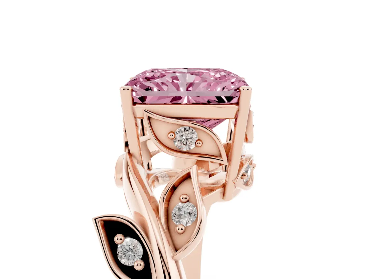Fancy Pink Radiant Cut Solitaire Twist Engagement Ring with Leaf Accents and Prong Setting Rose gold