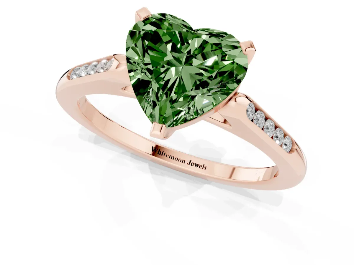 Fancy Green Heart Cut Diamond Solitaire Ring with Channel Set Round Band and Prong Setting Rose gold